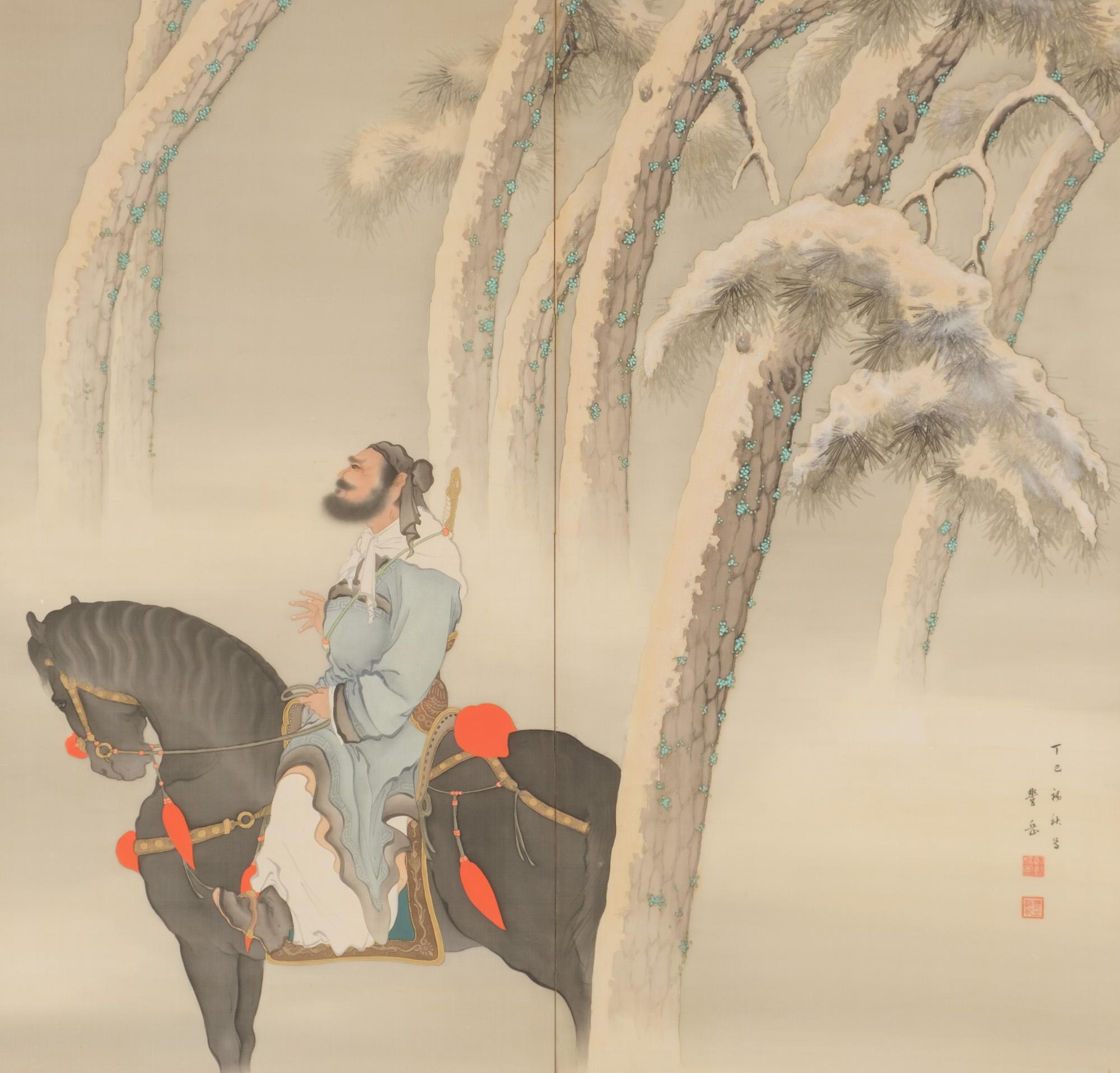 Pair of large Japanese byôbu 屏風 with Chinese warriors in a winter landscape 8