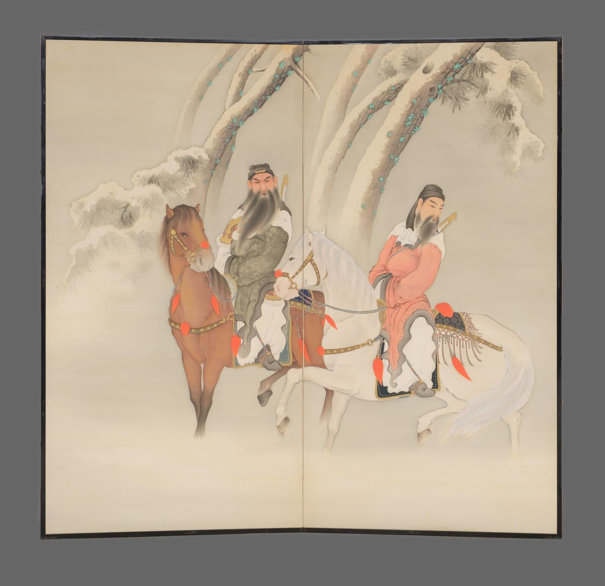 An intriguing pair of large two-panel byôbu (folding screen) with a refined polychrome painting on silk of a winter scene. A company of three Chinese warriors are riding through a snow-covered pine forest.
Their horses are lightly packed, though