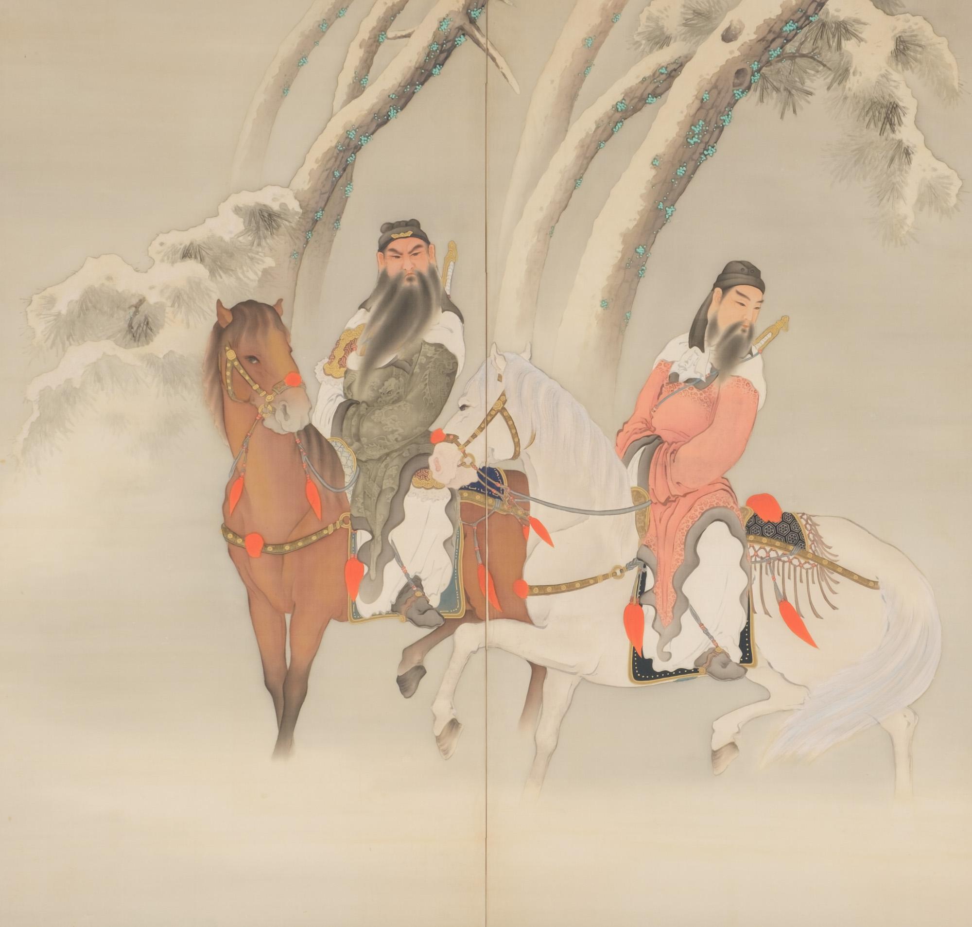 Hand-Painted Pair of large Japanese byôbu 屏風 with Chinese warriors in a winter landscape