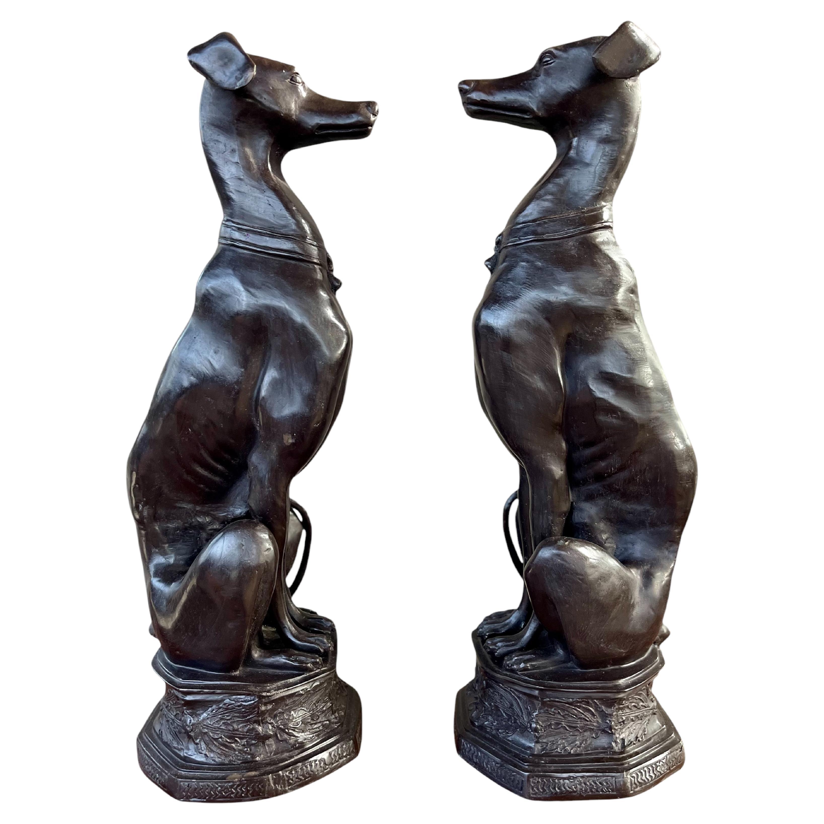 Pair of large 20th Century Art Deco revival bronze seated Greyhounds / Whippets
