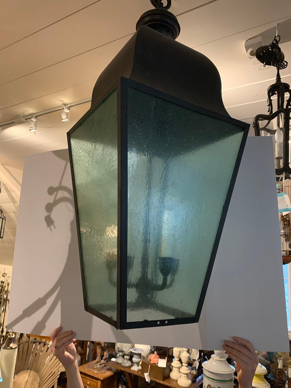 Pair of Large 20th Century Black Iron Four-Light Lanterns with Tinted Glass In Good Condition In Atlanta, GA