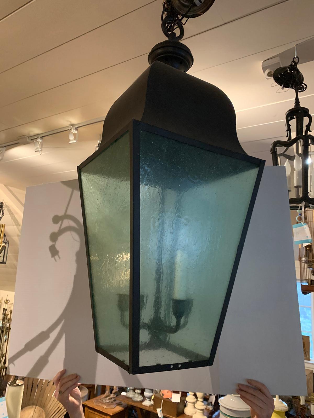 Pair of Large 20th Century Black Iron Four-Light Lanterns with Tinted Glass 2