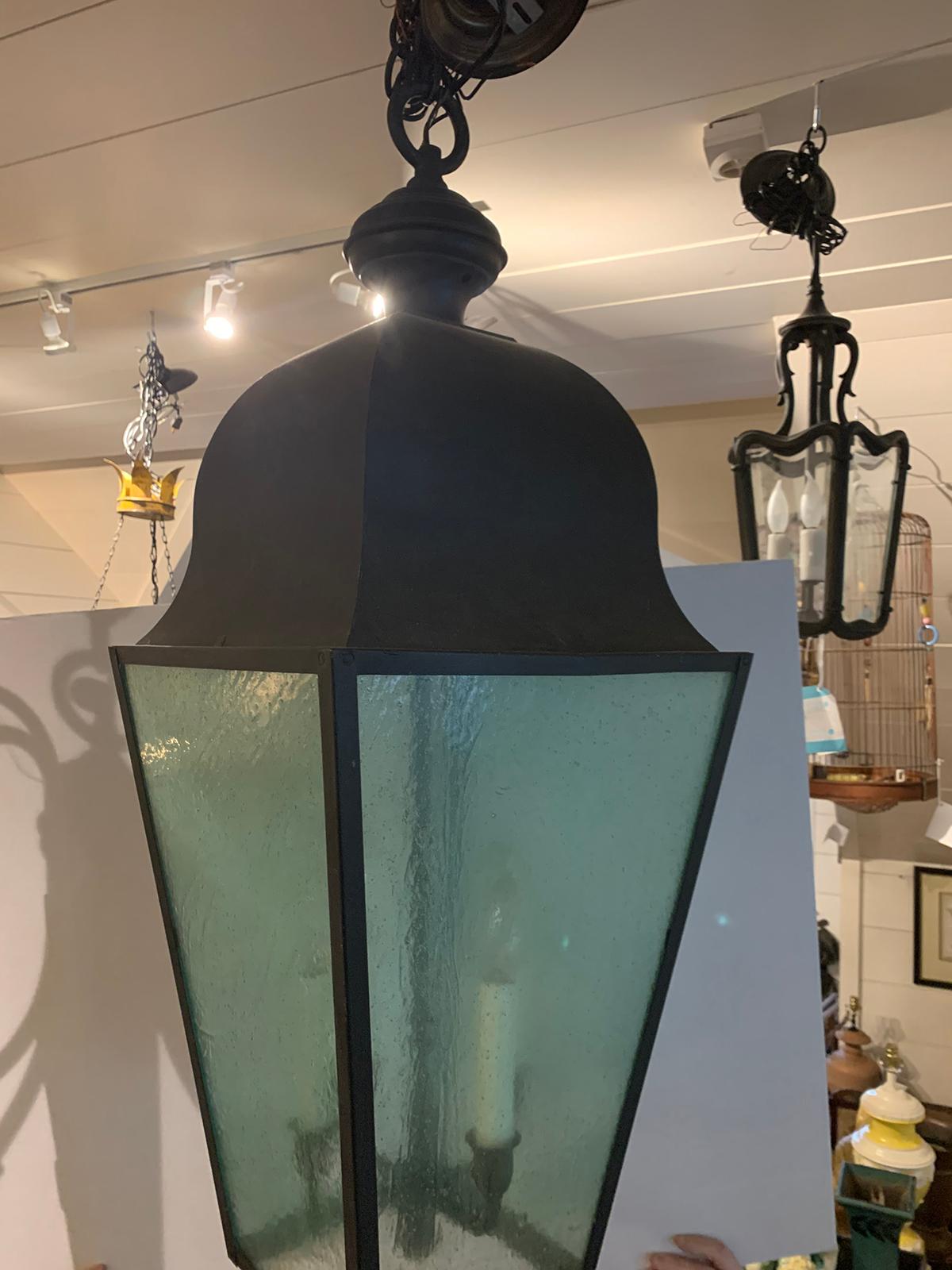 Pair of Large 20th Century Black Iron Four-Light Lanterns with Tinted Glass 4