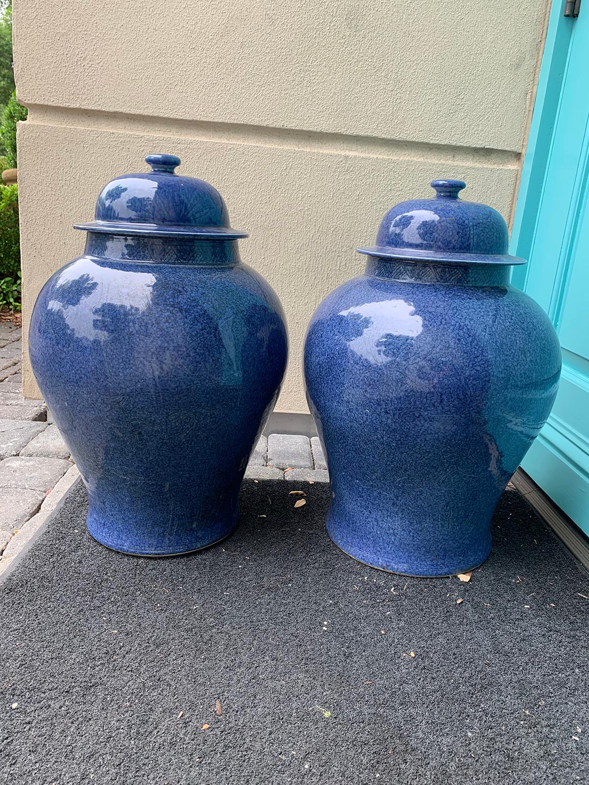 Pair of large 20th century Chinese blue porcelain lidded ginger jars.