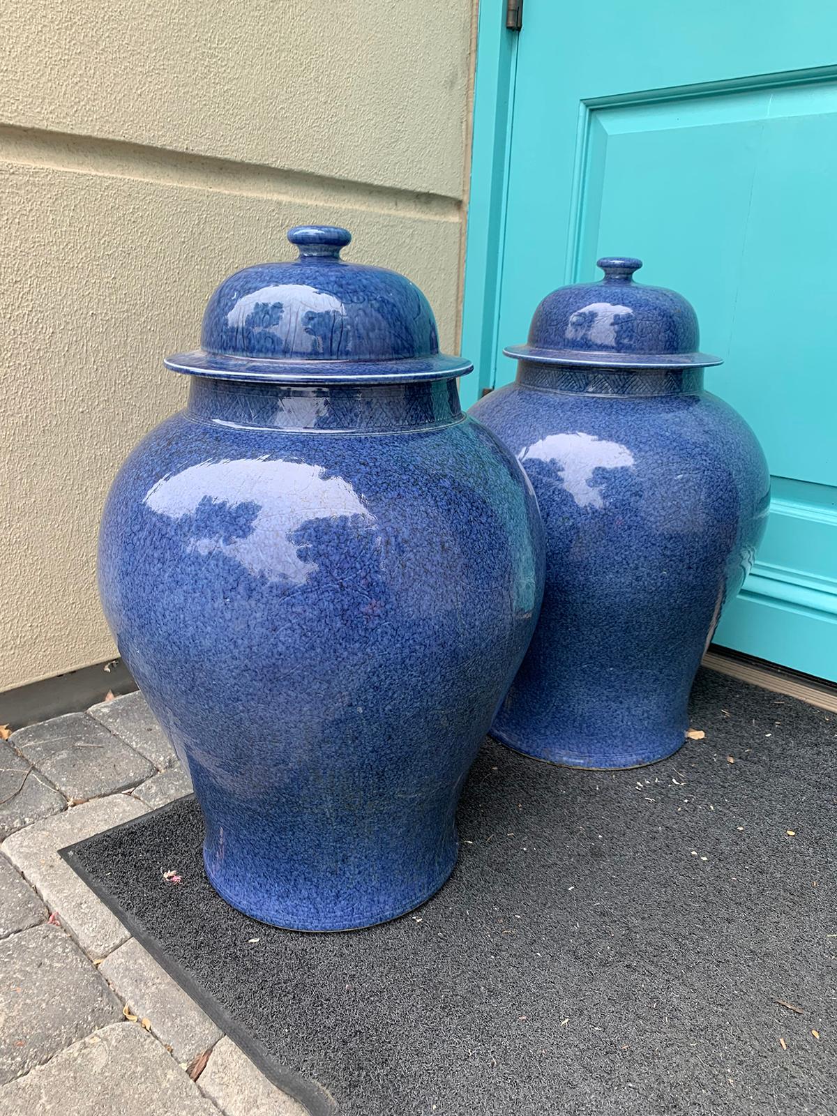 Glazed Pair of Large 20th Century Chinese Blue Porcelain Lidded Ginger Jars