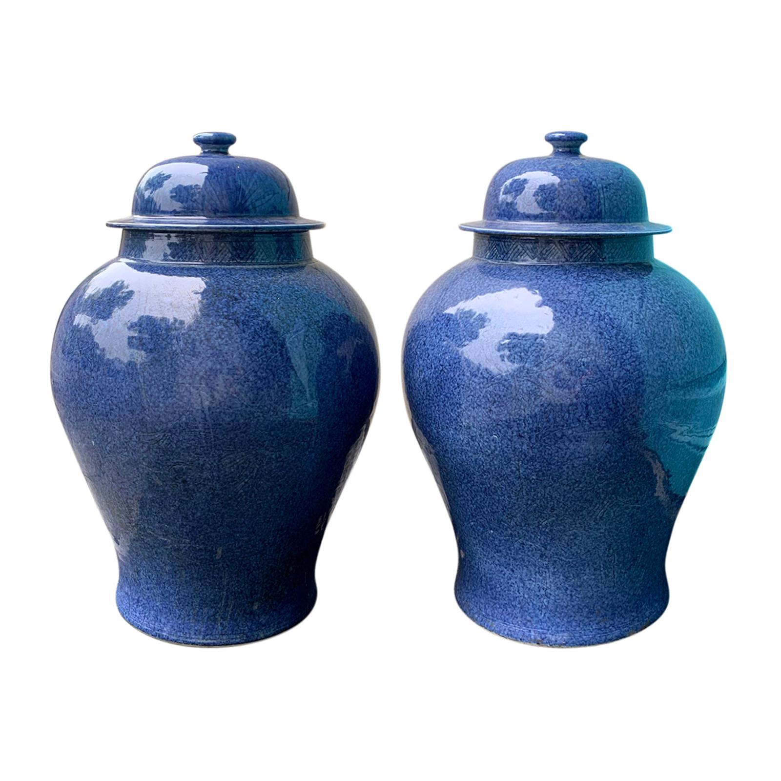 Pair of Large 20th Century Chinese Blue Porcelain Lidded Ginger Jars