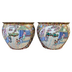 Pair of Large 20th century Chinese Porcelain Fish bowl Jardiniere