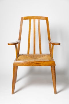 Paire de grands fauteuils ou chaises de salle à manger en bois et paille du 20ème siècle vers 1960