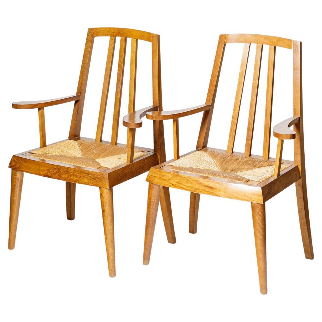 Pair of Large 20th Century Wood and Straw Armchairs or Dinning Chairs circa 1960 For Sale