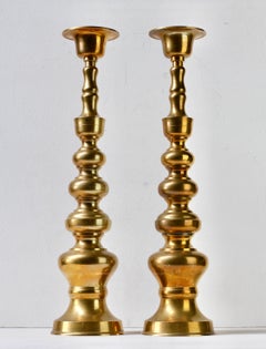 Pair of Large 21.5" Vintage Mid-Century Solid Cast Brass Candlestick Holders