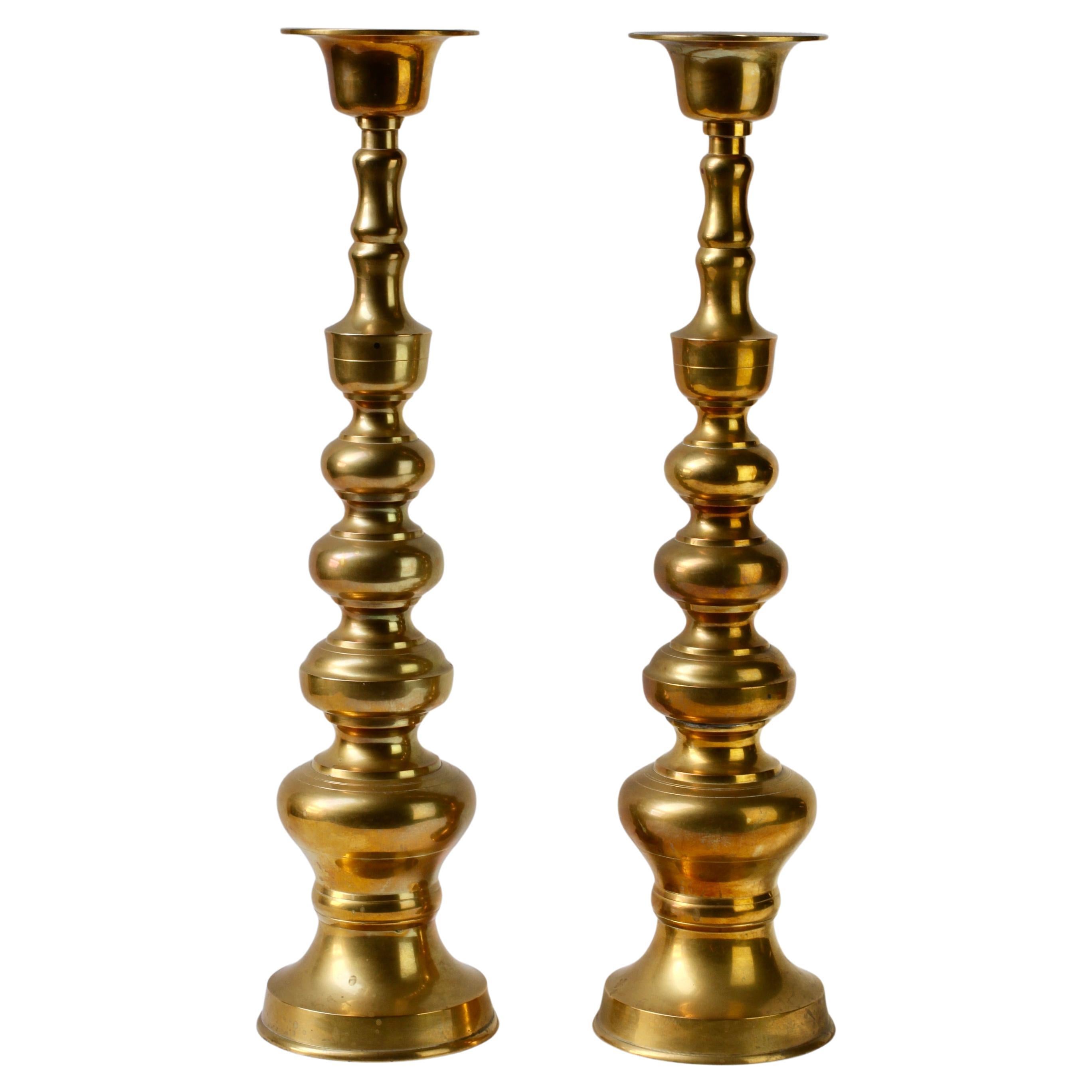 Pair of Large 21.5" Vintage Mid-Century Solid Cast Brass Candlestick Holders