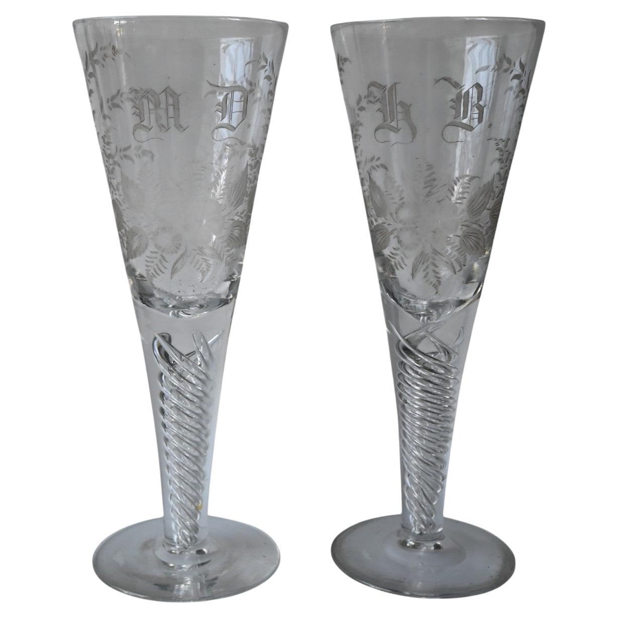 Pair Of Large (28 Cm) air twisted 19th Century Friendship/wedding Wine Glasses en vente