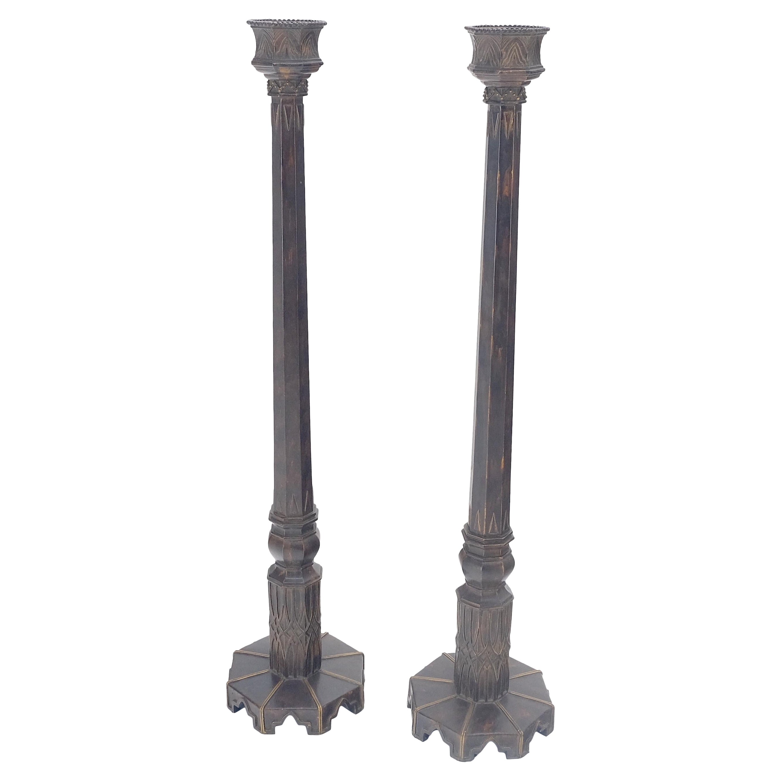 Pair of Large 49" Tall Patinated Copper Art Deco Floor Candlesticks MINT! For Sale