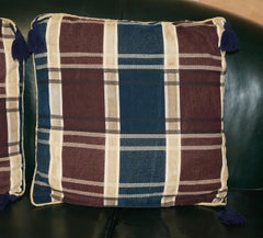 PAIR OF LARGE 55CM TARTAN BLUE VELVET WITH TASSELS SOFA ARMCHAIR CUSHION PILLOWs