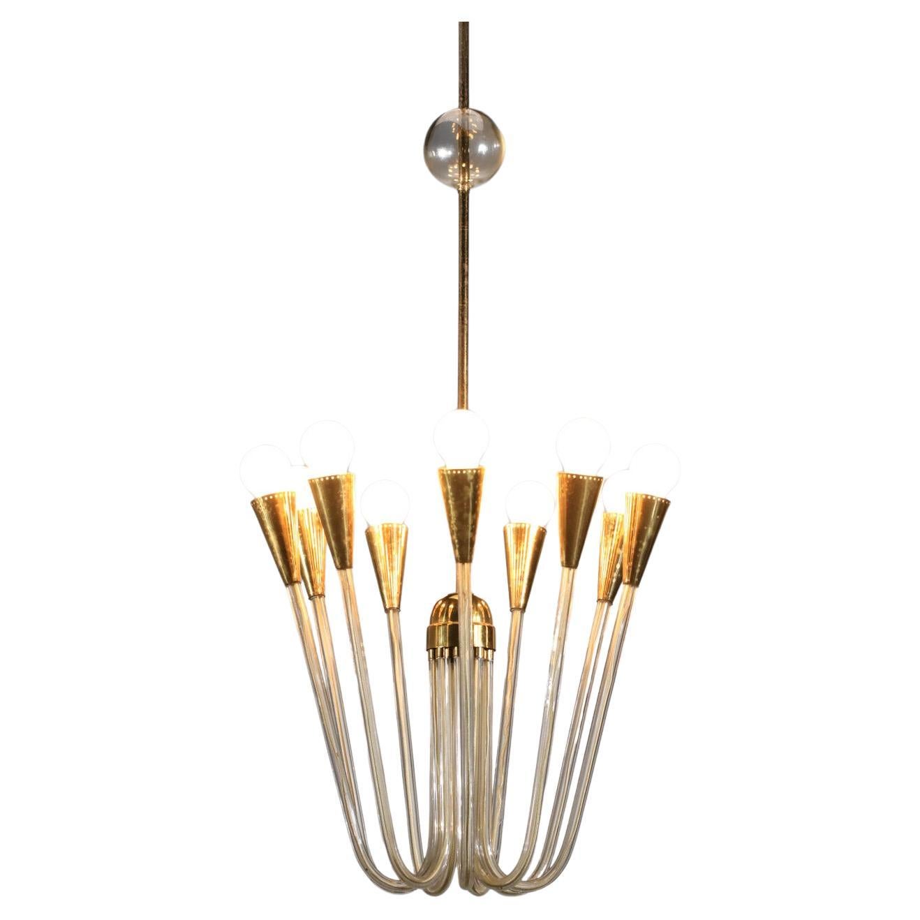 Pair of large 60's glass and brass chandeliers