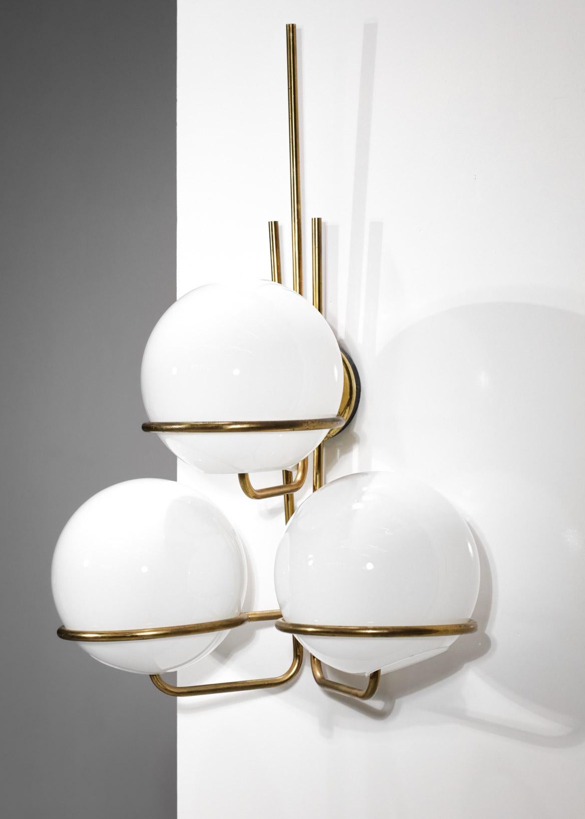 Mid-Century Modern Pair of Large 60's Italian Sconces 3 Opaline Globes Vintage Design, F302 For Sale