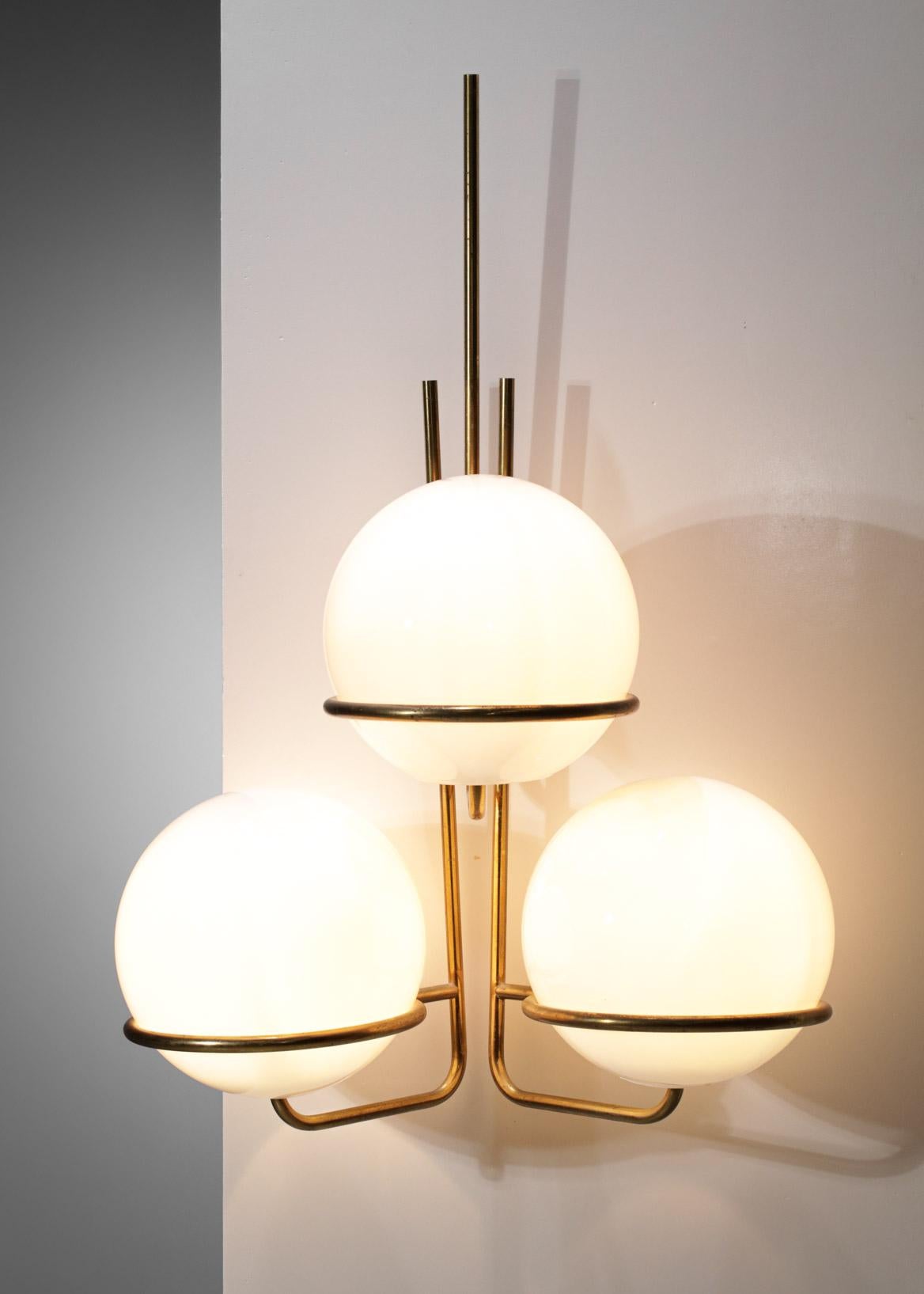 Pair of Large 60's Italian Sconces 3 Opaline Globes Vintage Design, F302 In Good Condition For Sale In Lyon, FR