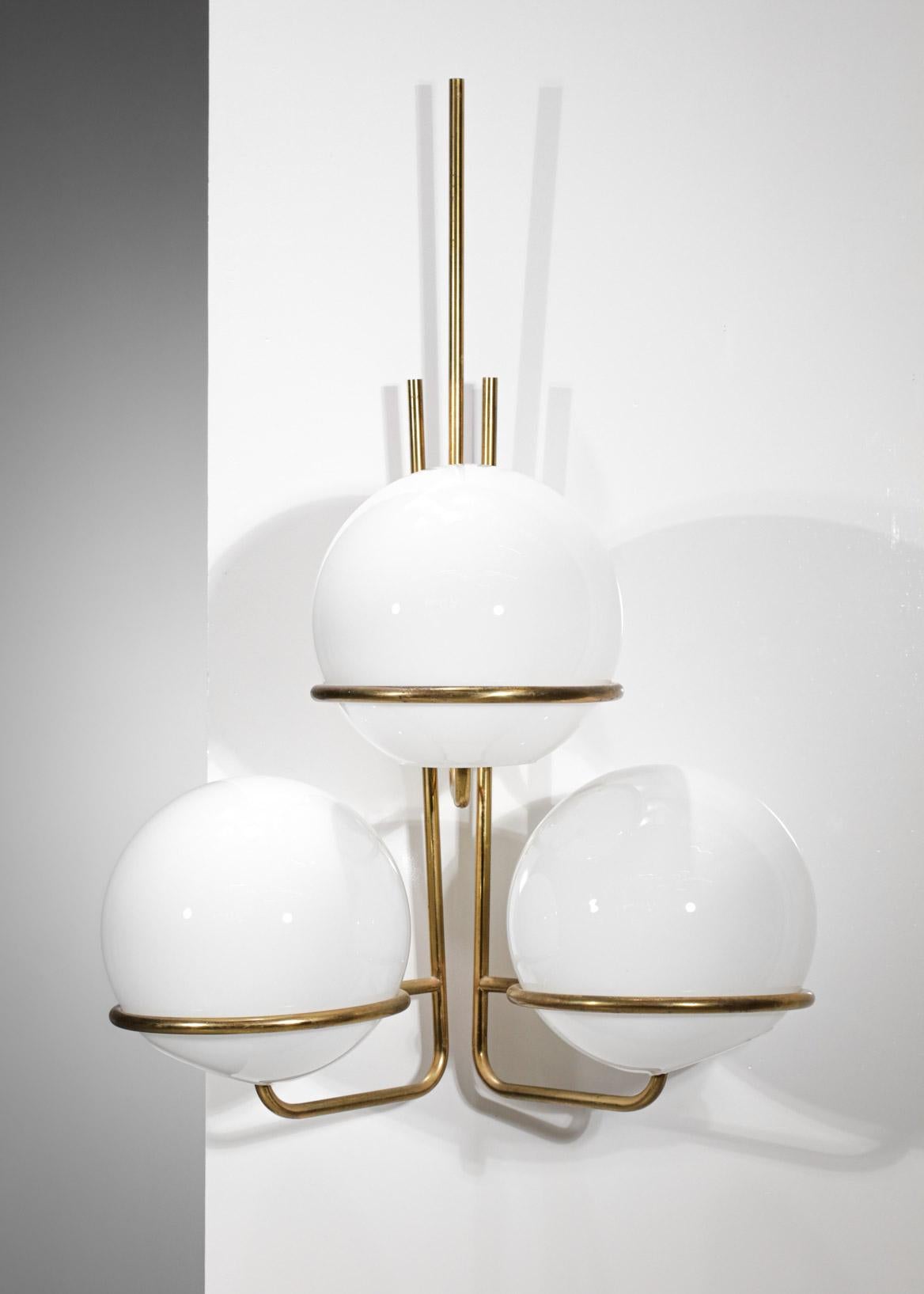 Mid-20th Century Pair of Large 60's Italian Sconces 3 Opaline Globes Vintage Design, F302 For Sale