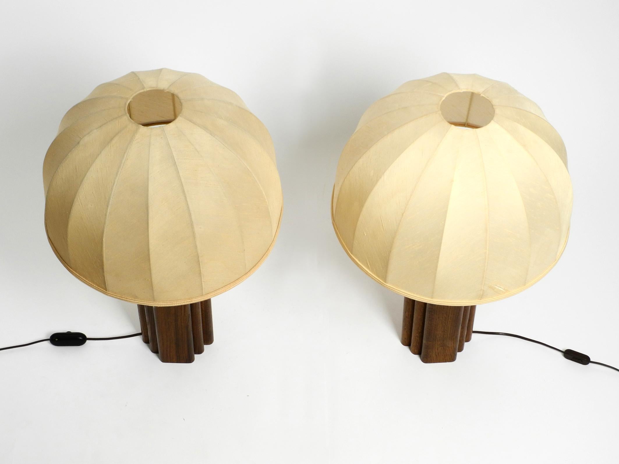 Pair of Large 60s Table Lamps by Temde Made from Teak and Original Silk Shades 14