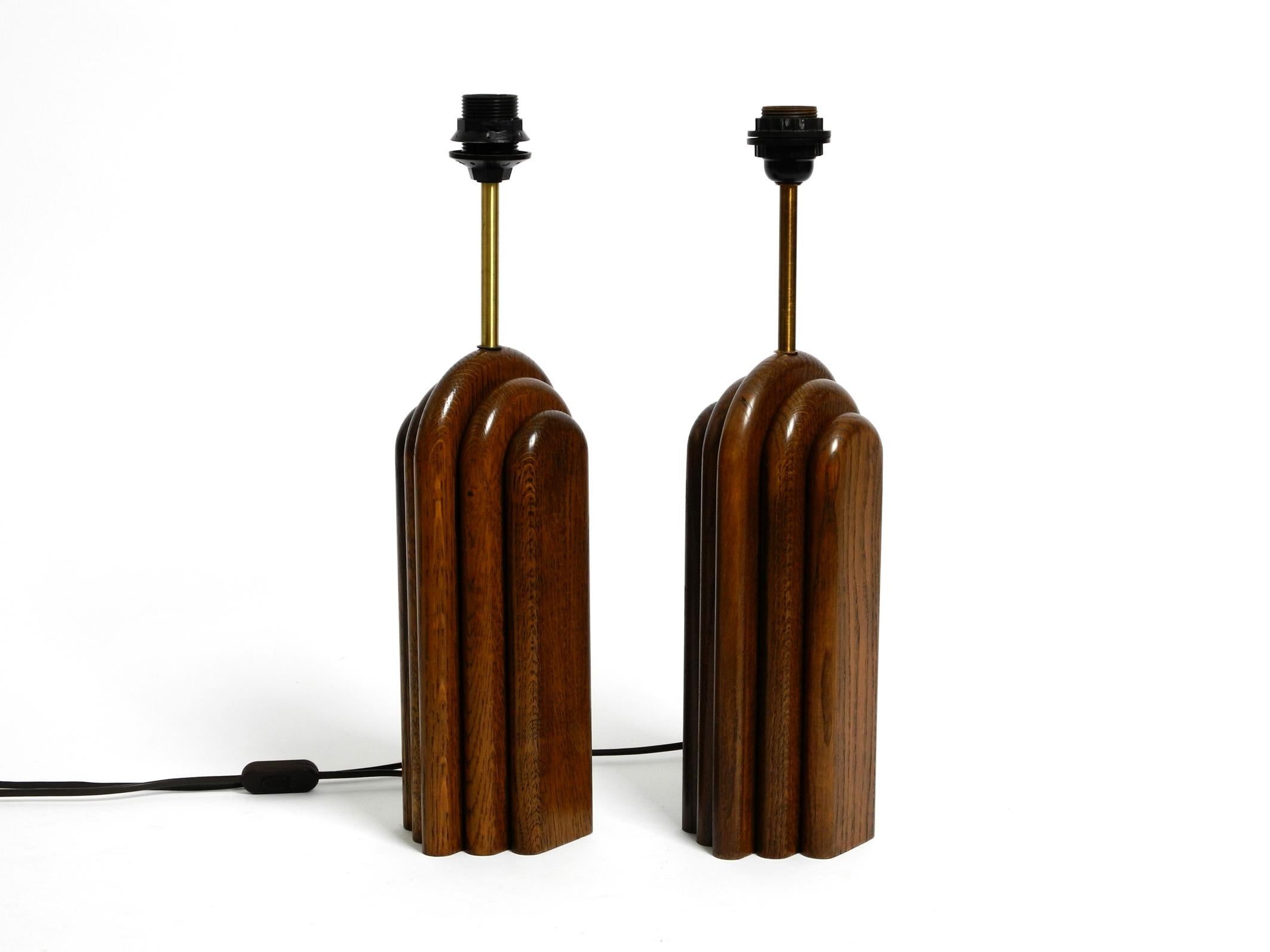 Swiss Pair of Large 60s Table Lamps by Temde Made from Teak and Original Silk Shades