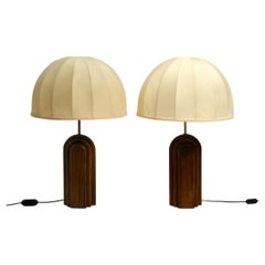 Pair of Large 60s Table Lamps by Temde Made from Teak and Original Silk Shades