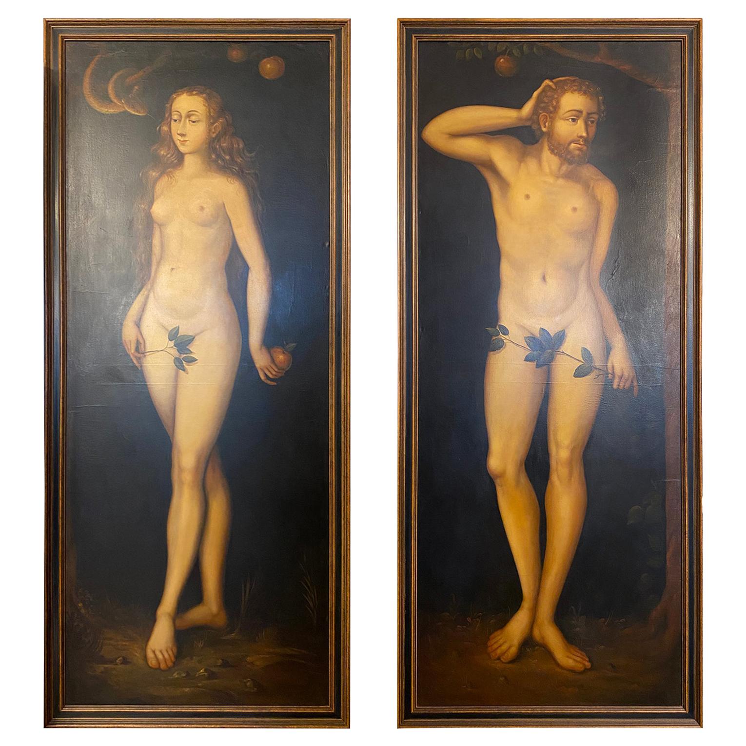 Pair of Large Adam and Eve Paintings