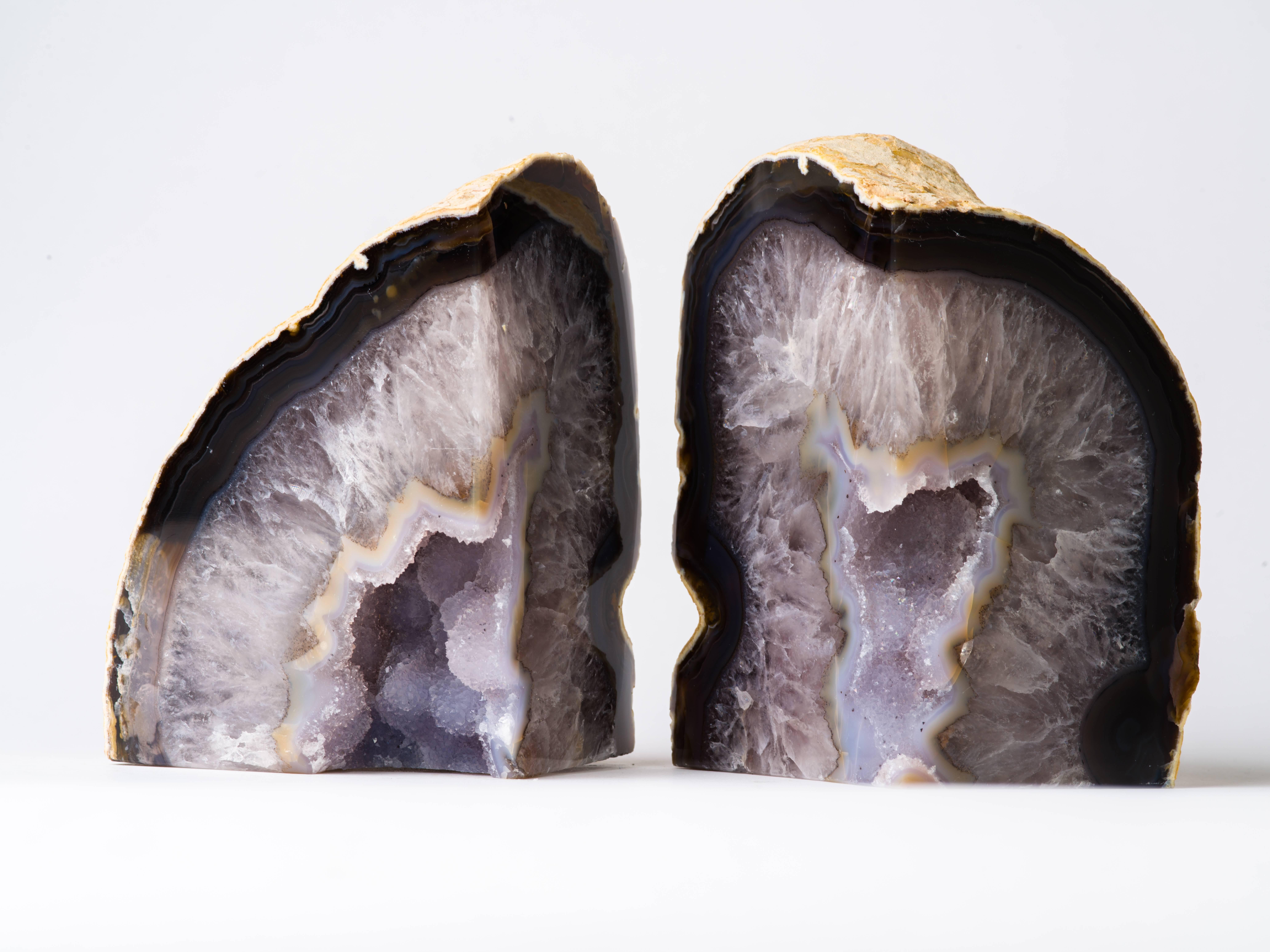 Pair of Large Agate Stone and Quartz Crystal Bookends In Excellent Condition In Fort Lauderdale, FL