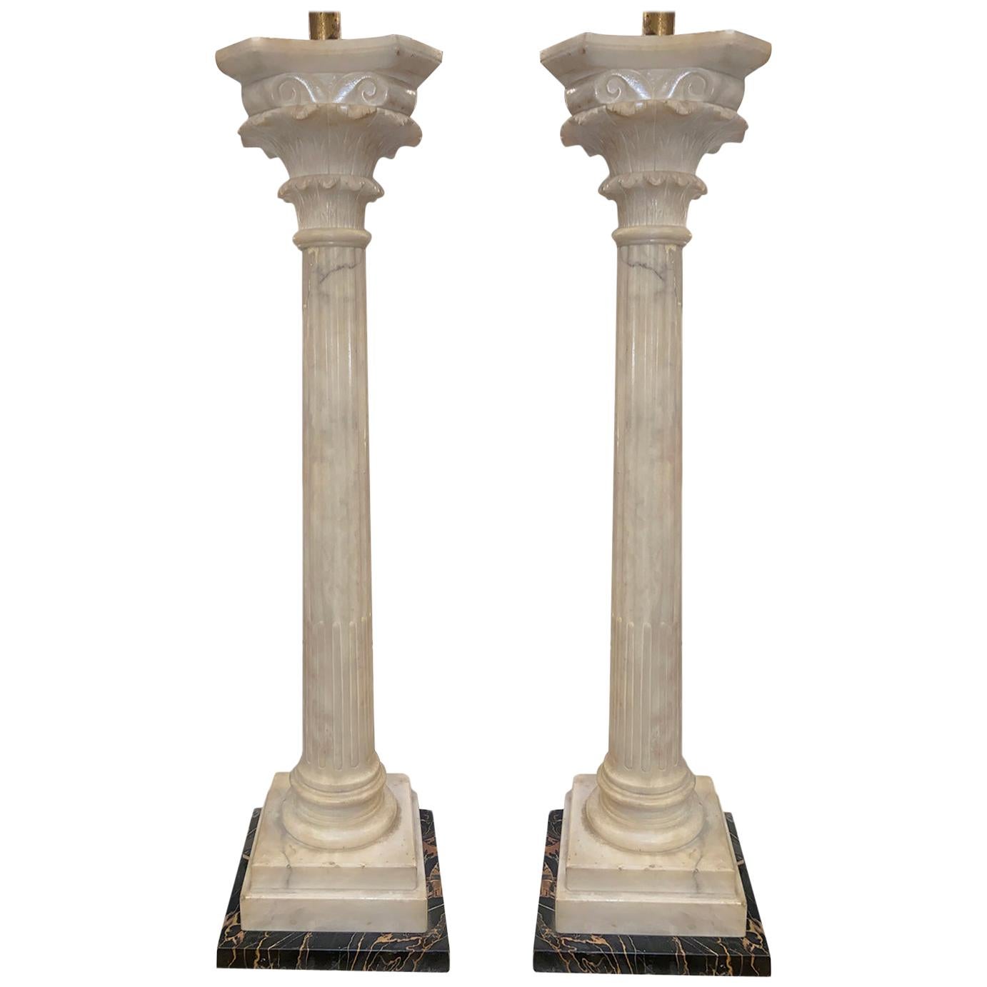 Pair of Large Alabaster Column Table Lamps