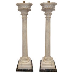 Pair of Large Alabaster Column Table Lamps