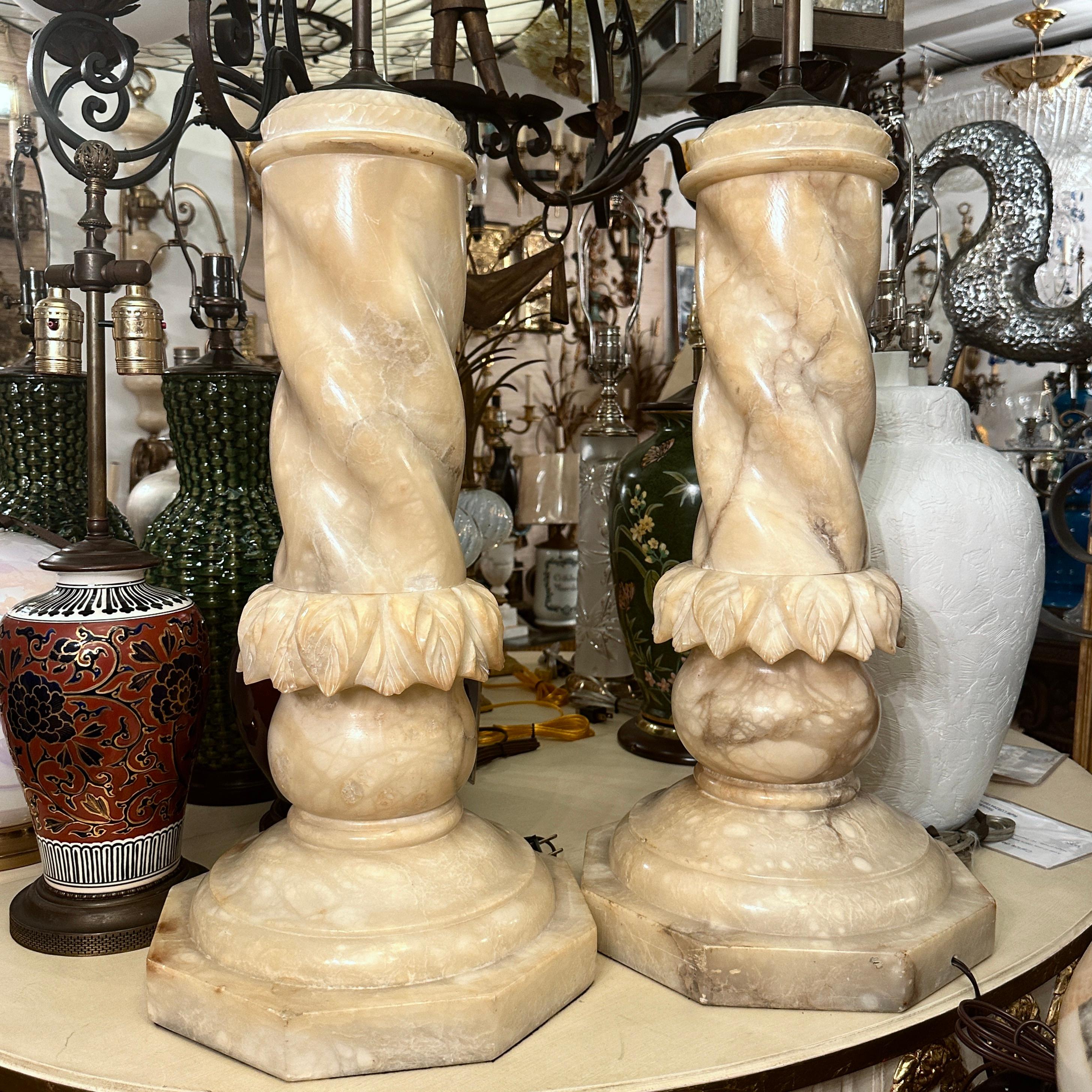 Mid-20th Century Pair of Large Alabaster Columns Mounted as Lamps For Sale