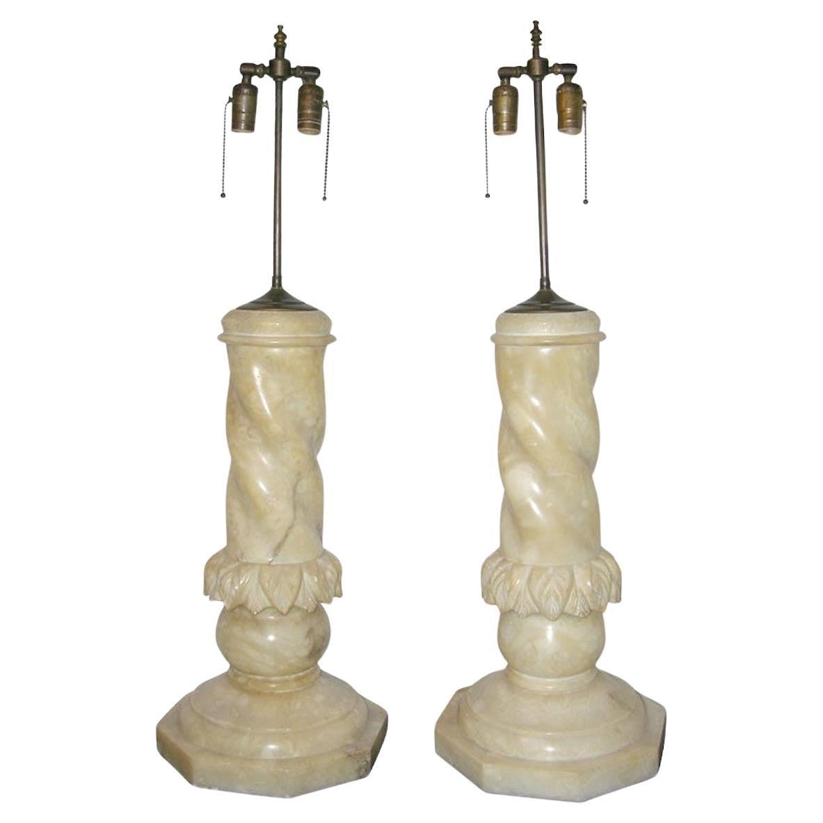 Pair of Large Alabaster Columns Mounted as Lamps For Sale