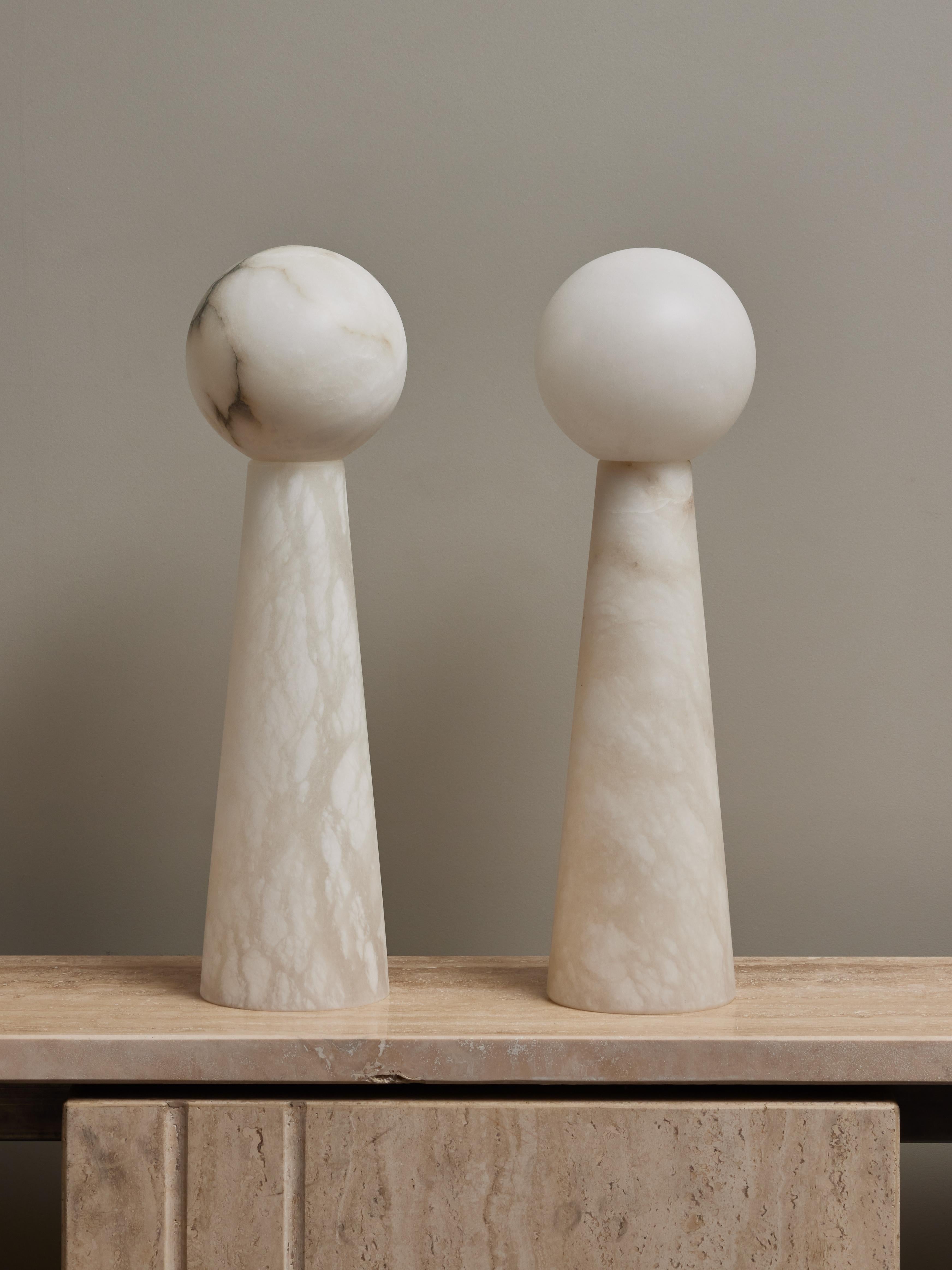 Modern Pair of Large Alabaster Conical Table Lamps with Globes For Sale