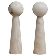 Antique Pair of Large Alabaster Conical Table Lamps with Globes