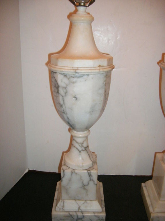 Hand-Carved Pair of Large Alabaster Lamps