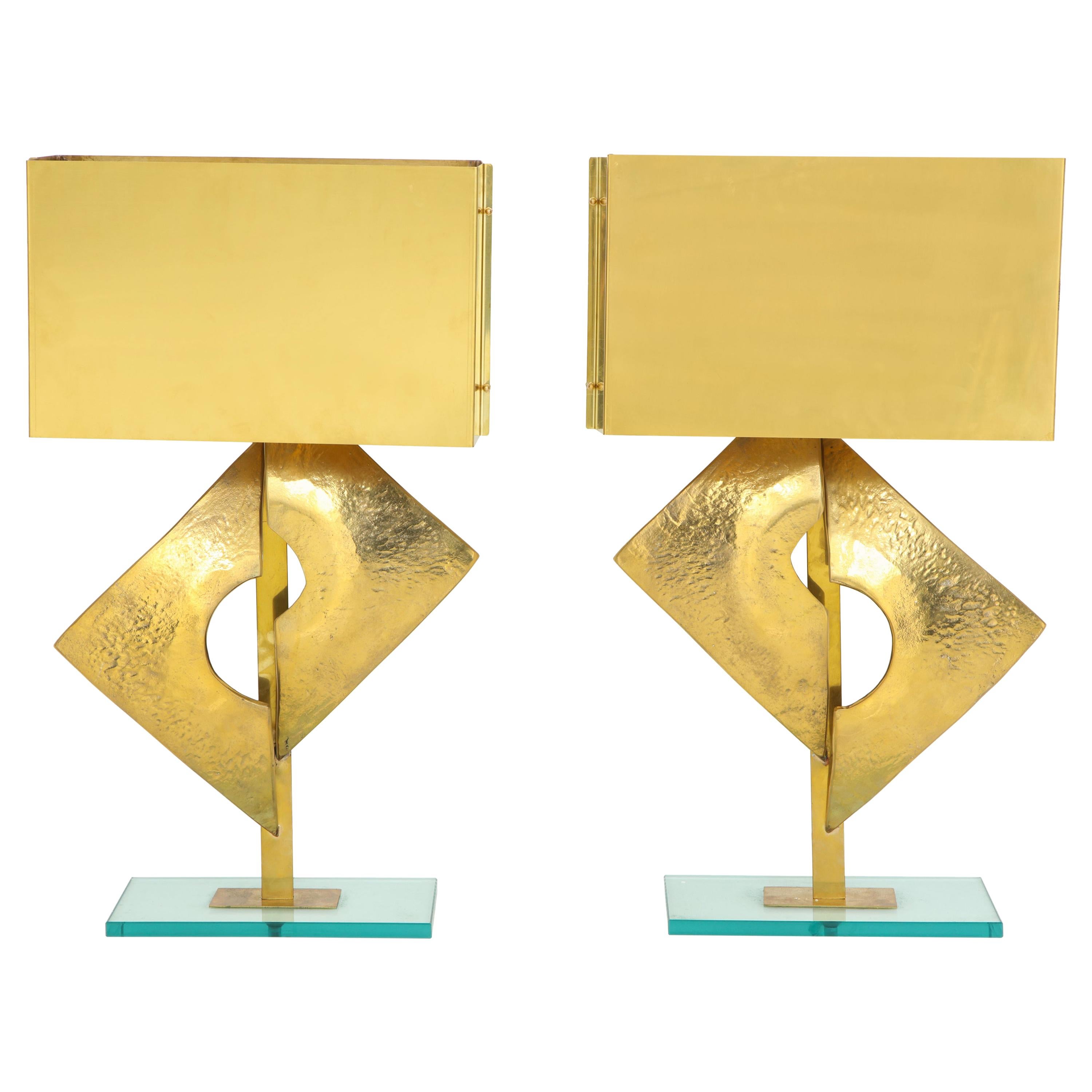 Pair of Large All Brass Sculptural Lamps with Brass Lampshades, Italy
