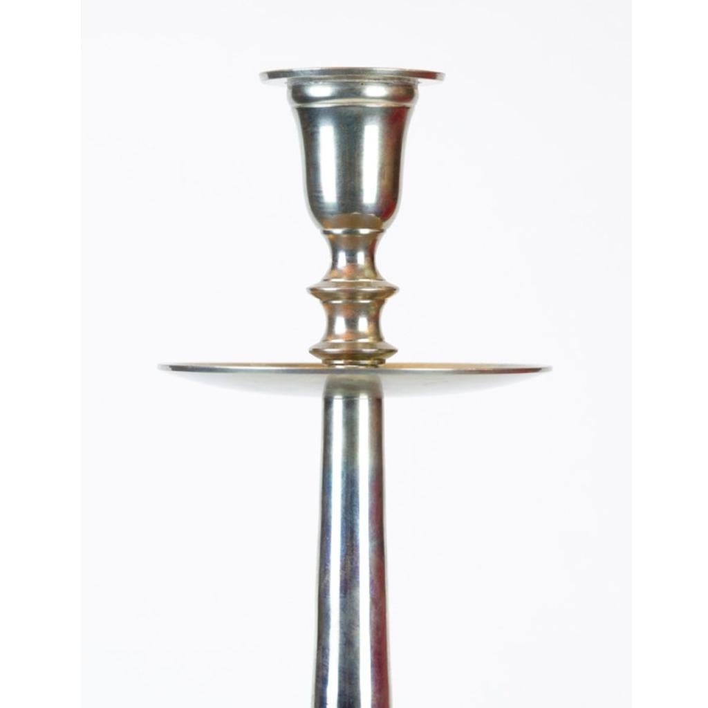 Art Deco Pair of Large Altar Candleholders, Brass, Nickel-Plated, circa 1910-1920 For Sale