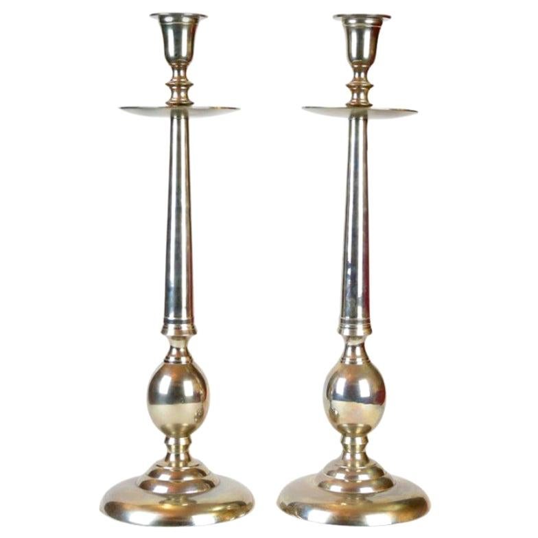 Pair of Large Altar Candleholders, Brass, Nickel-Plated, circa 1910-1920 For Sale