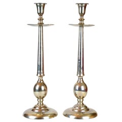 Antique Pair of Large Altar Candleholders, Brass, Nickel-Plated, circa 1910-1920