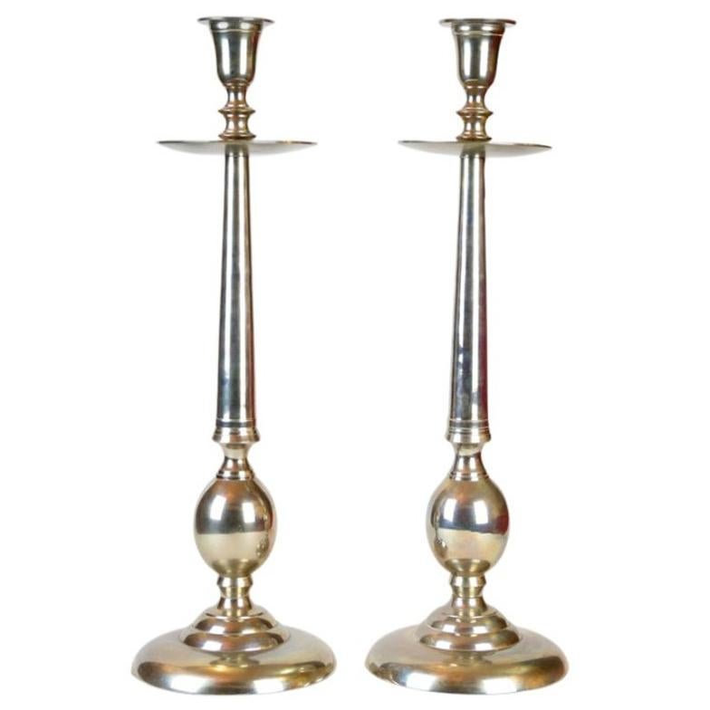 Pair of Large Altar Candleholders, Brass, Nickel-Plated, circa 1910-1920 For Sale