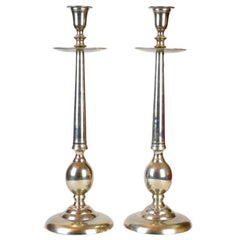 Pair of Large Altar Candleholders, Brass, Nickel-Plated, circa 1910-1920