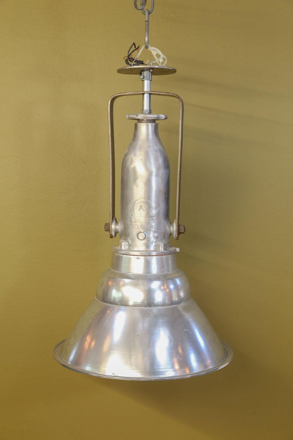 Pair of Large Aluminum Industrial Lights from Belgium In Good Condition In Houston, TX