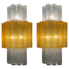 Pair of Large Amber and Clear Murano Glass Sconces or Wall Lights  1990'