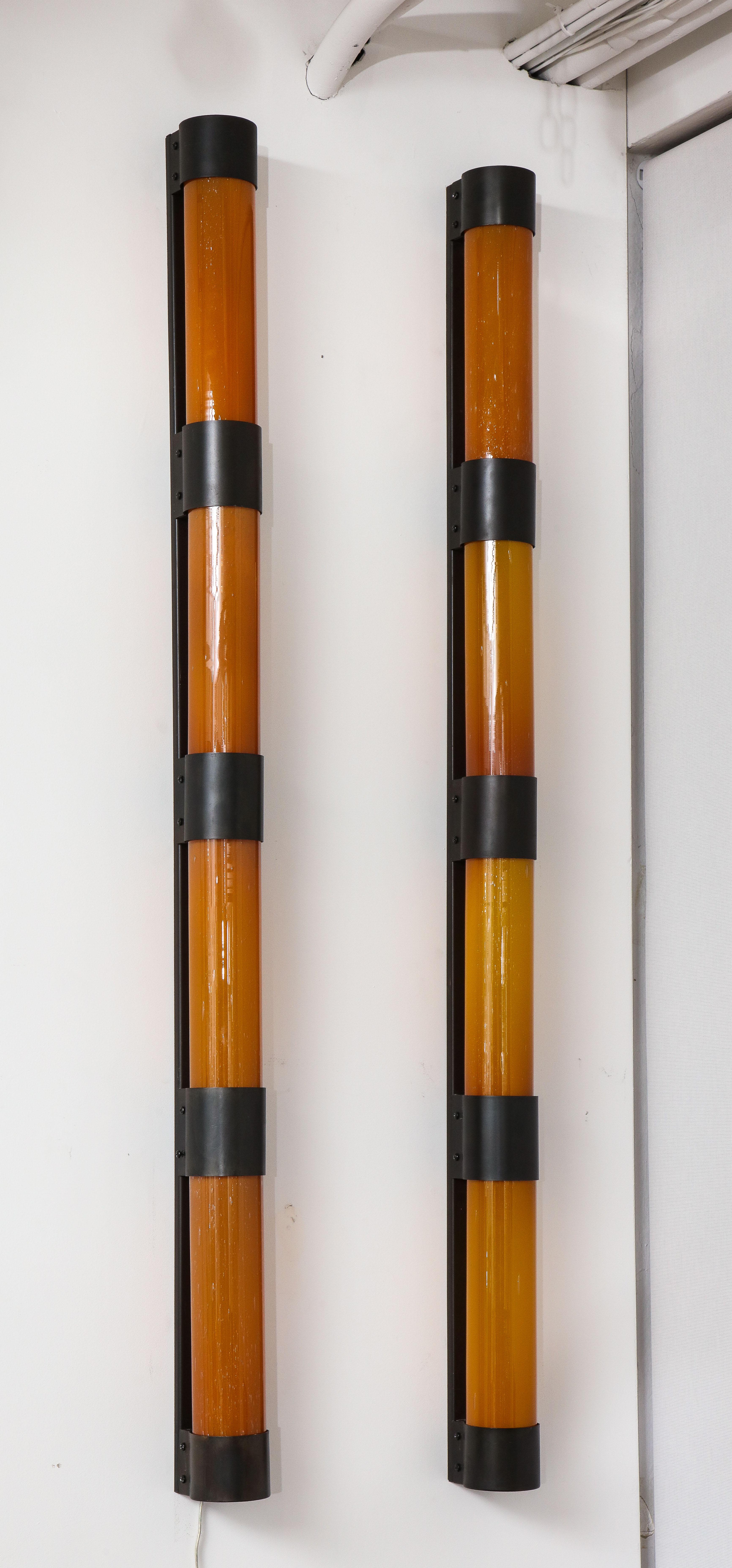 Modern Pair of Large Amber Glass Sconces by Savoy Studios, '4 Pairs Available' For Sale