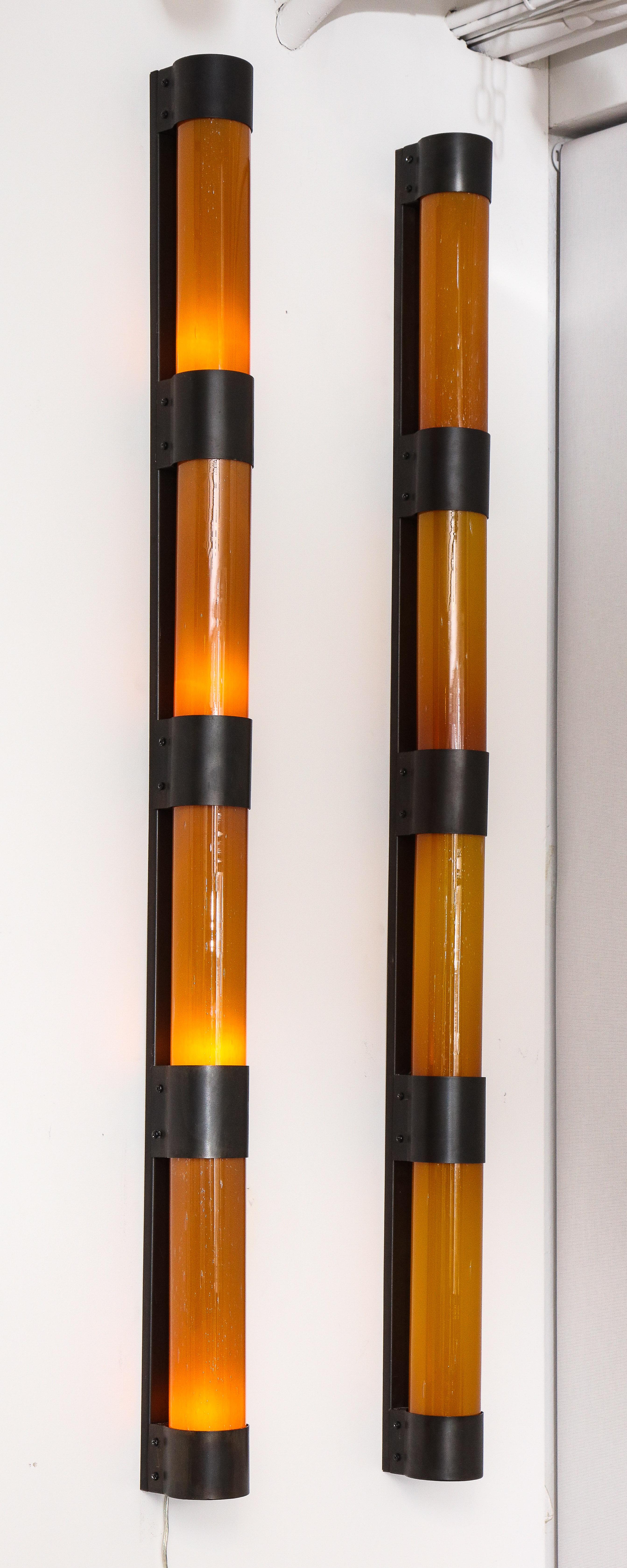 American Pair of Large Amber Glass Sconces by Savoy Studios, '4 Pairs Available' For Sale