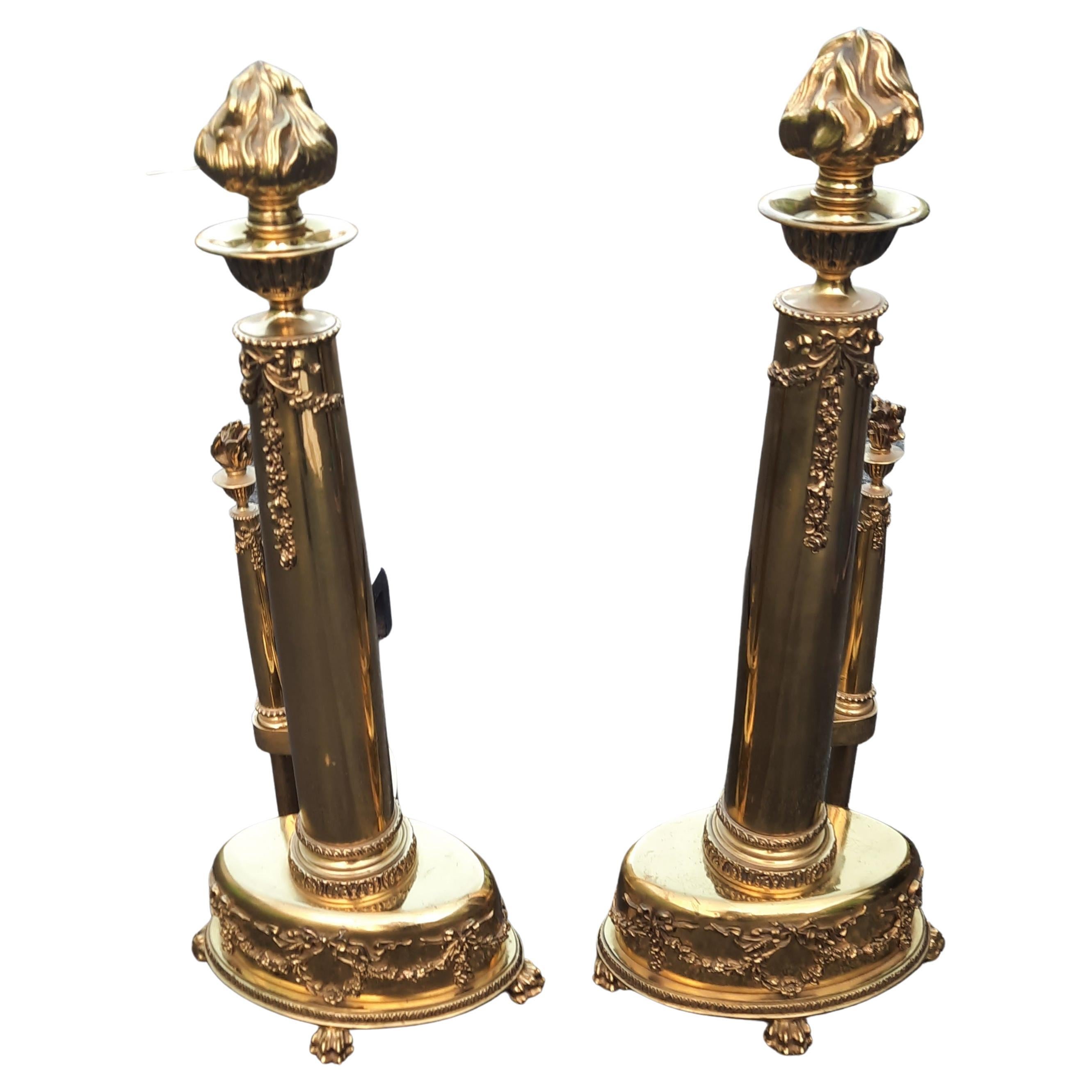 Hammered Pair of Large American Federal Style Brass Ornate Andirons For Sale