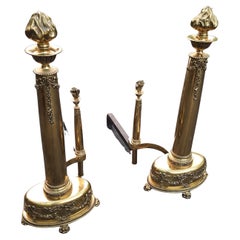 Antique Pair of Large American Federal Style Brass Ornate Andirons