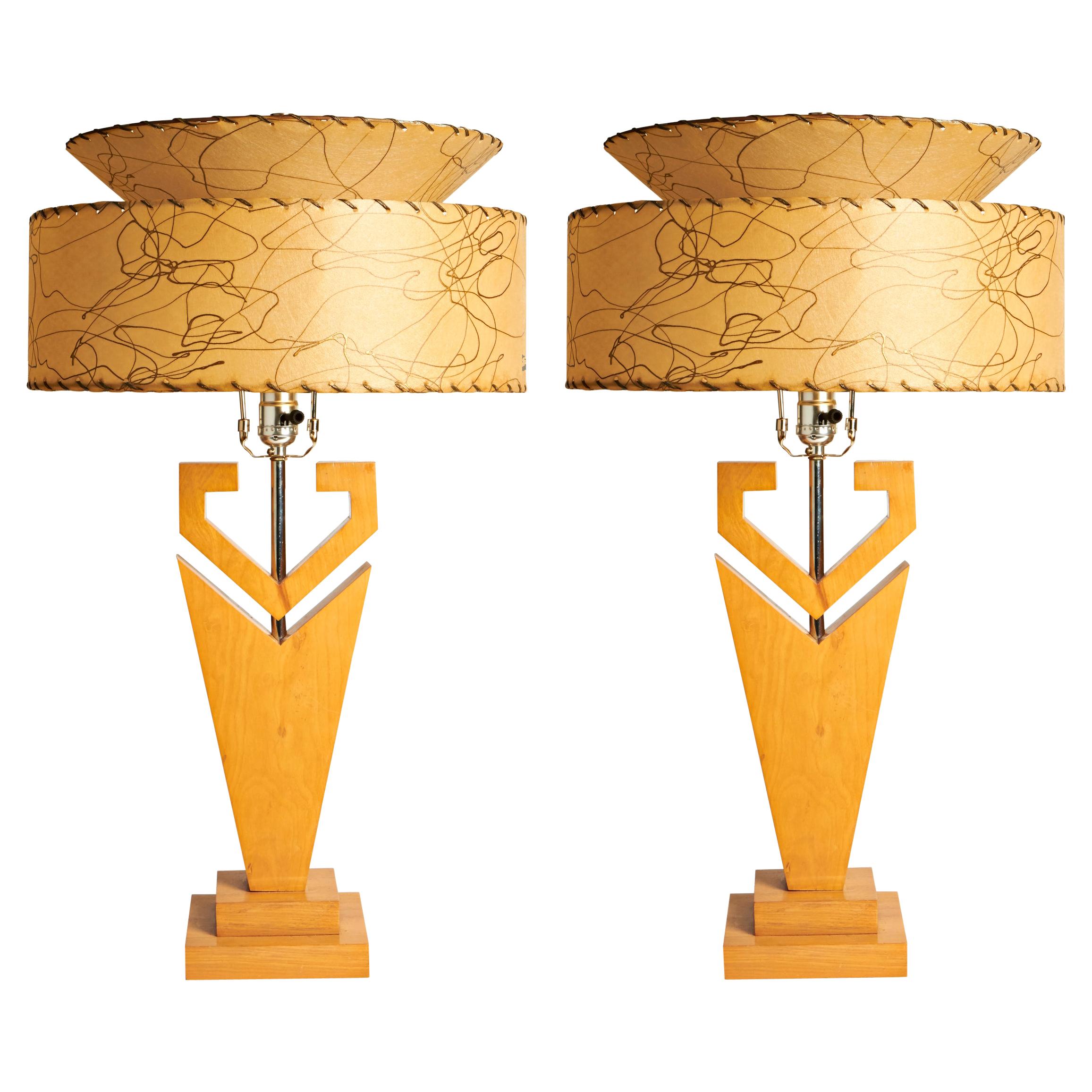 Pair of Large American Mid-Century Modern Blonde Wood and Chrome Console Lamps For Sale