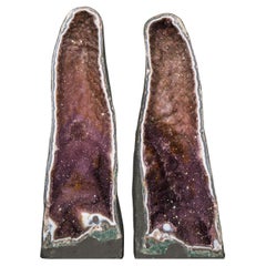 Pair of Large Amethyst Cathedral Geodes with Colorful Galaxy Druzy, Agate Frame