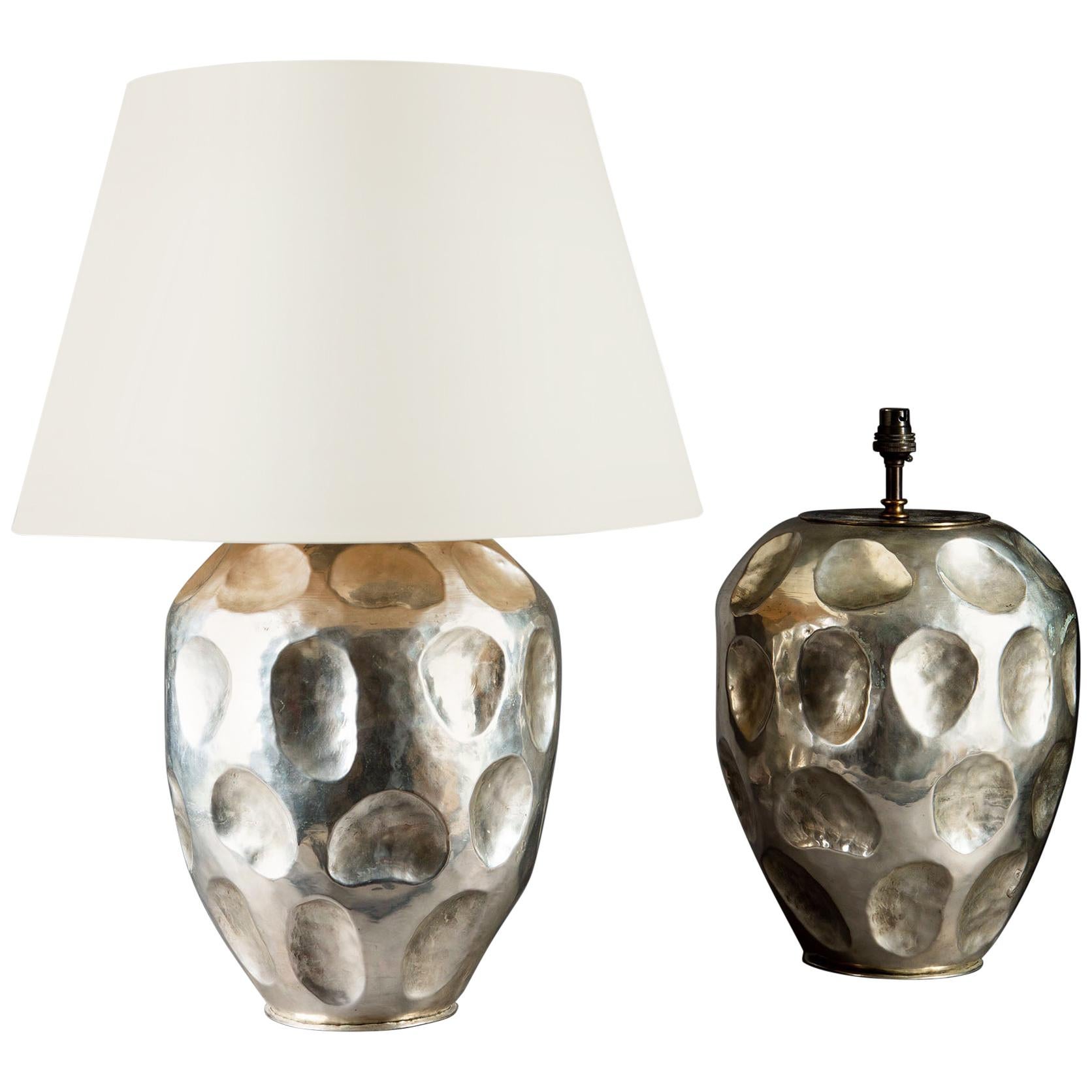 Pair of Large Anamorphic Silvered Metal Table Lamps For Sale
