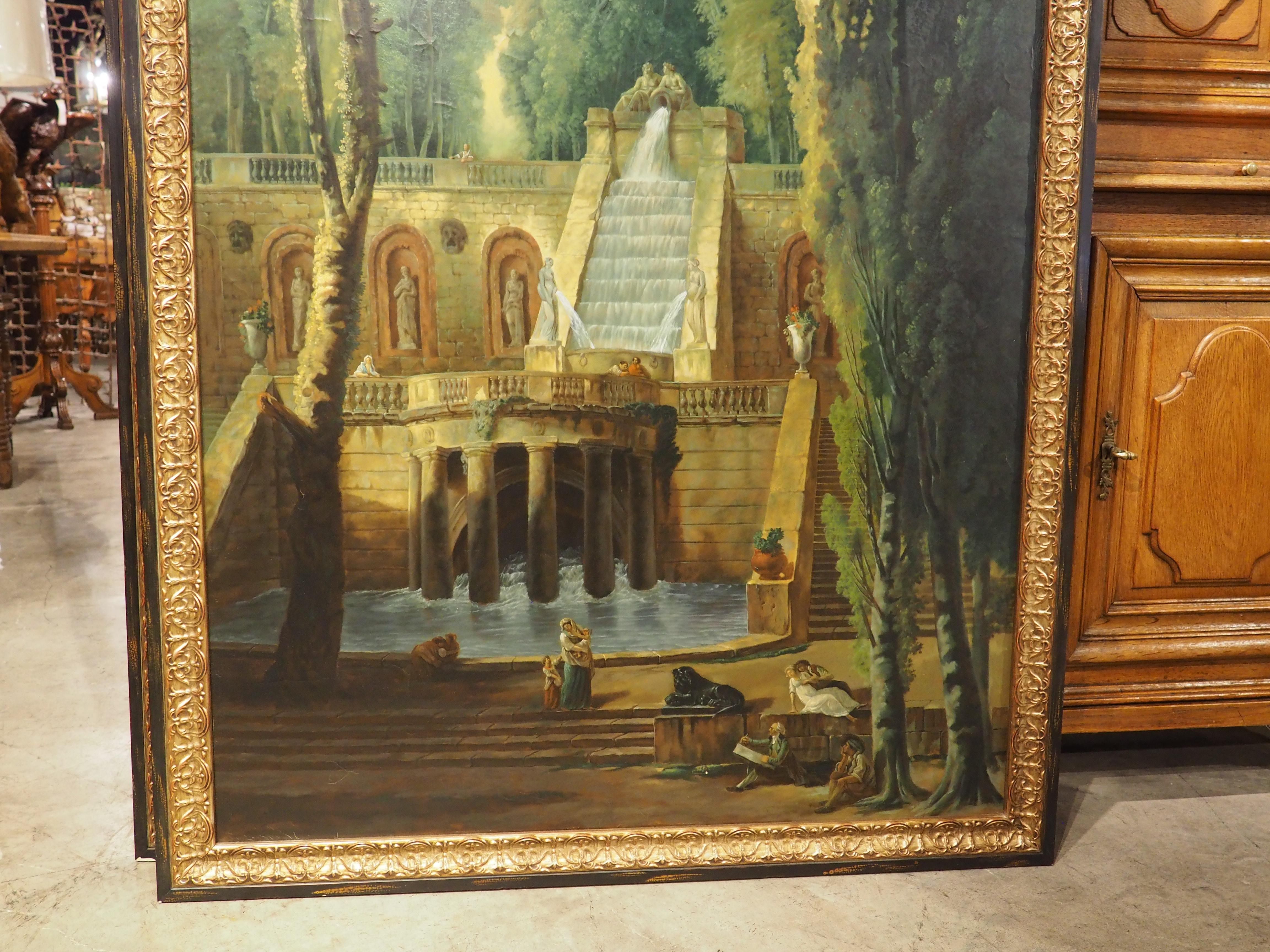 Pareja de cuadros grandes y decorativos de paisajes según Hubert Robert, Finales del siglo XX Pintado a mano en venta